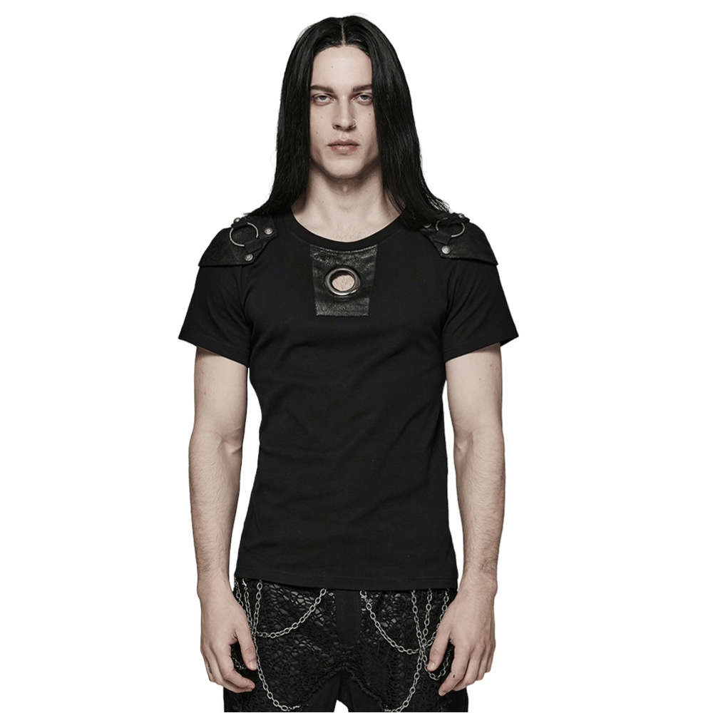 Punk Rivet Armor Male T-Shirt with detachable panel and cracked leather detailing, showcasing edgy style.
