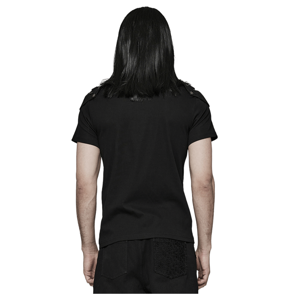 Back view of a male model wearing a black punk rivet t-shirt with detachable panel, showcasing edgy style.