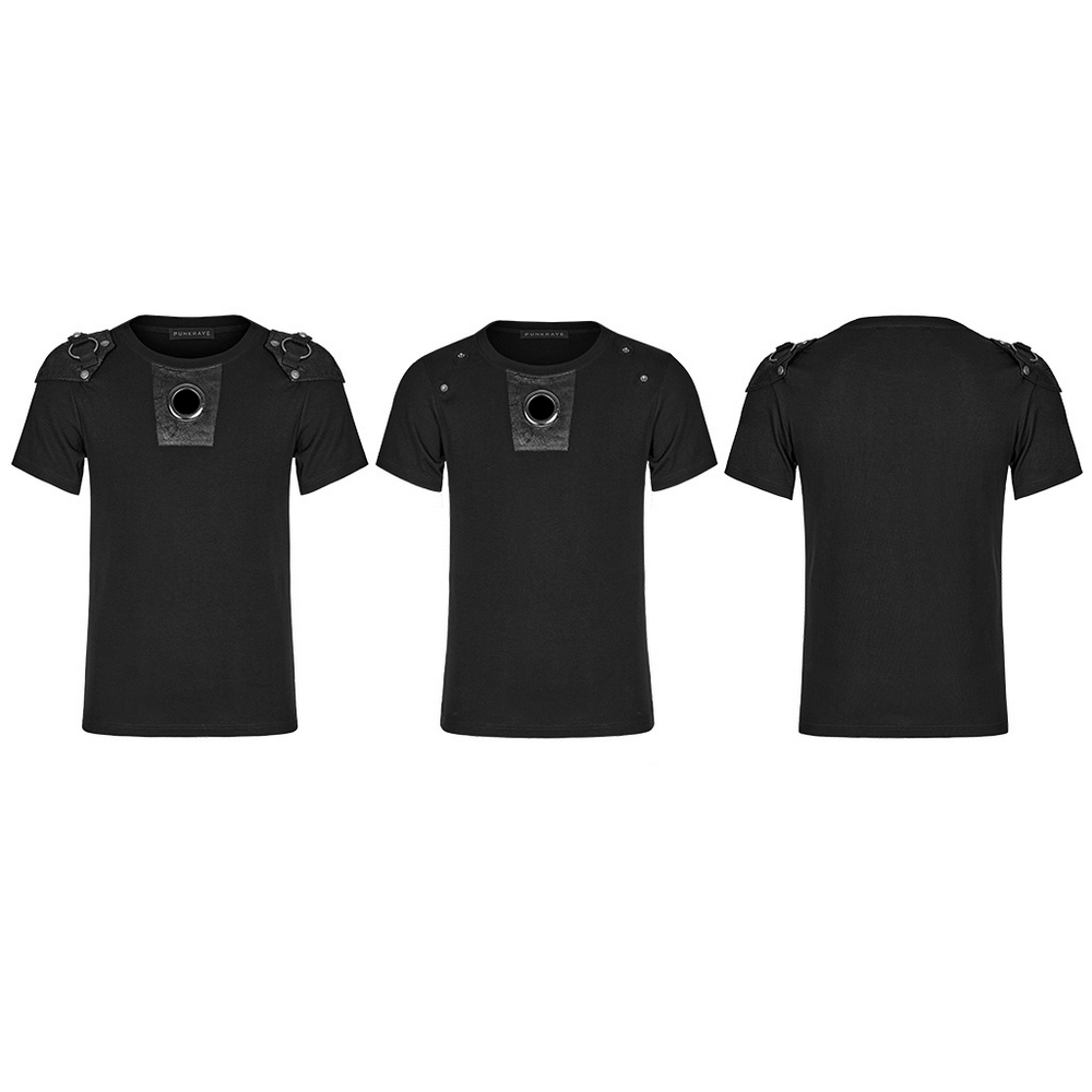 Edgy punk male t-shirt with cracked leather details and detachable armor panel, showcasing bold rivets and eyelets.