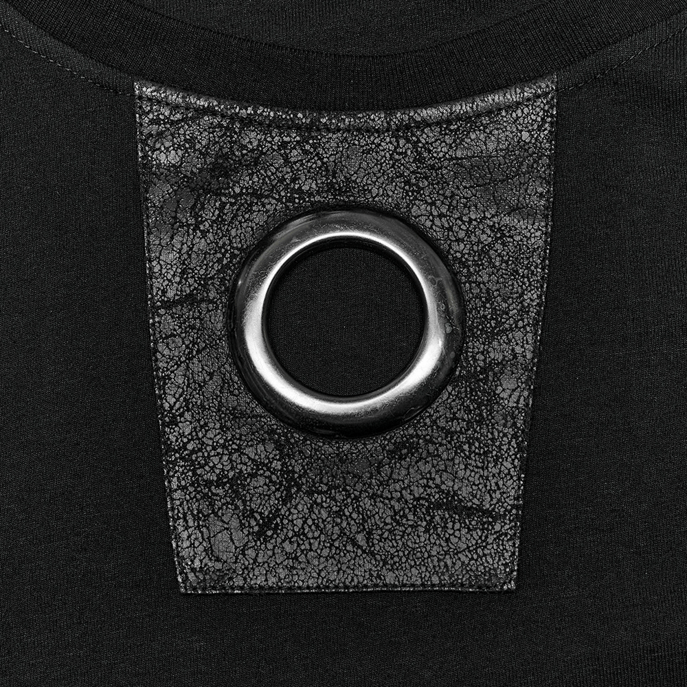 Close-up of cracked leather detail and large eyelet on edgy punk t-shirt armor panel.