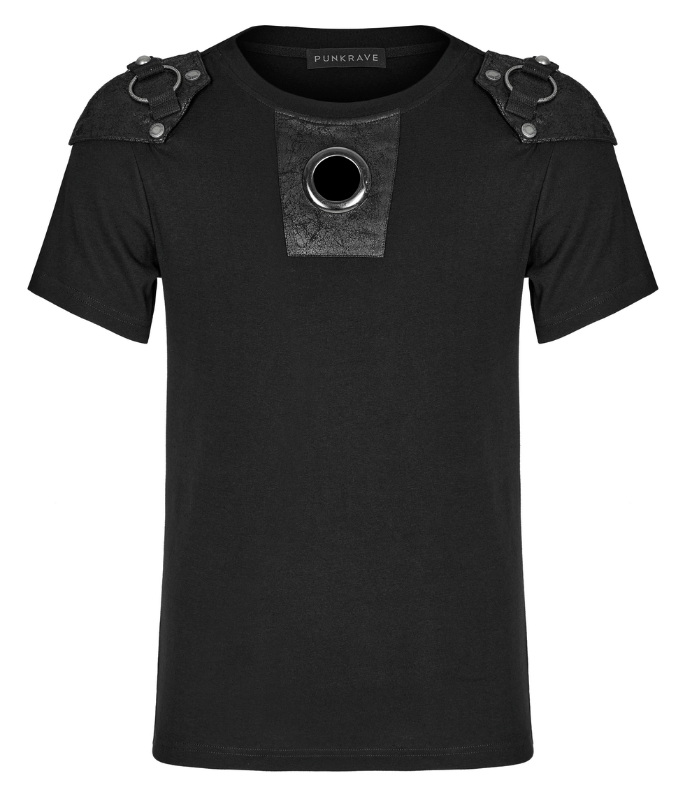 Punk rivet armor male t-shirt with detachable panel and cracked leather detailing.