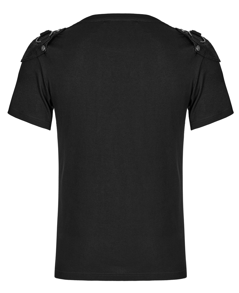 Back view of Punk Rivet Armor Male T-Shirt showcasing cracked leather shoulder details.