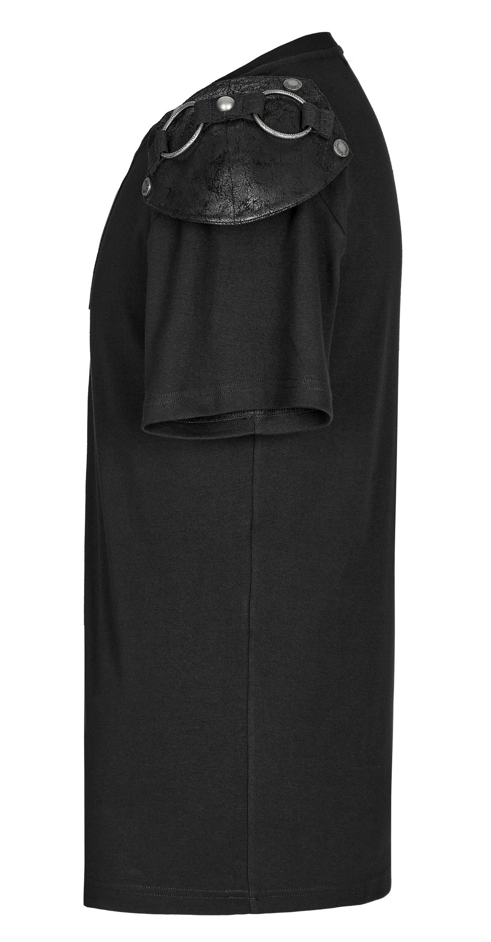 Side view of Punk Rivet Armor Male T-Shirt featuring cracked leather shoulder panel and bold rivets for an edgy style.