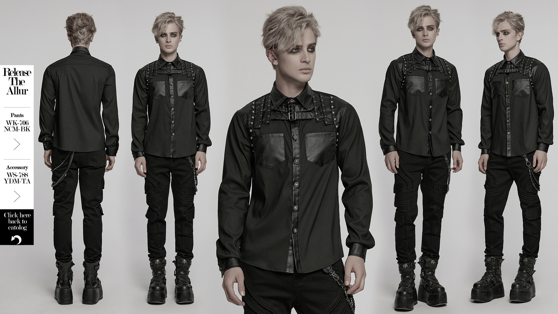 Punk riveted leather patchwork street style shirt for men, perfect for edgy alternative fashion lovers.