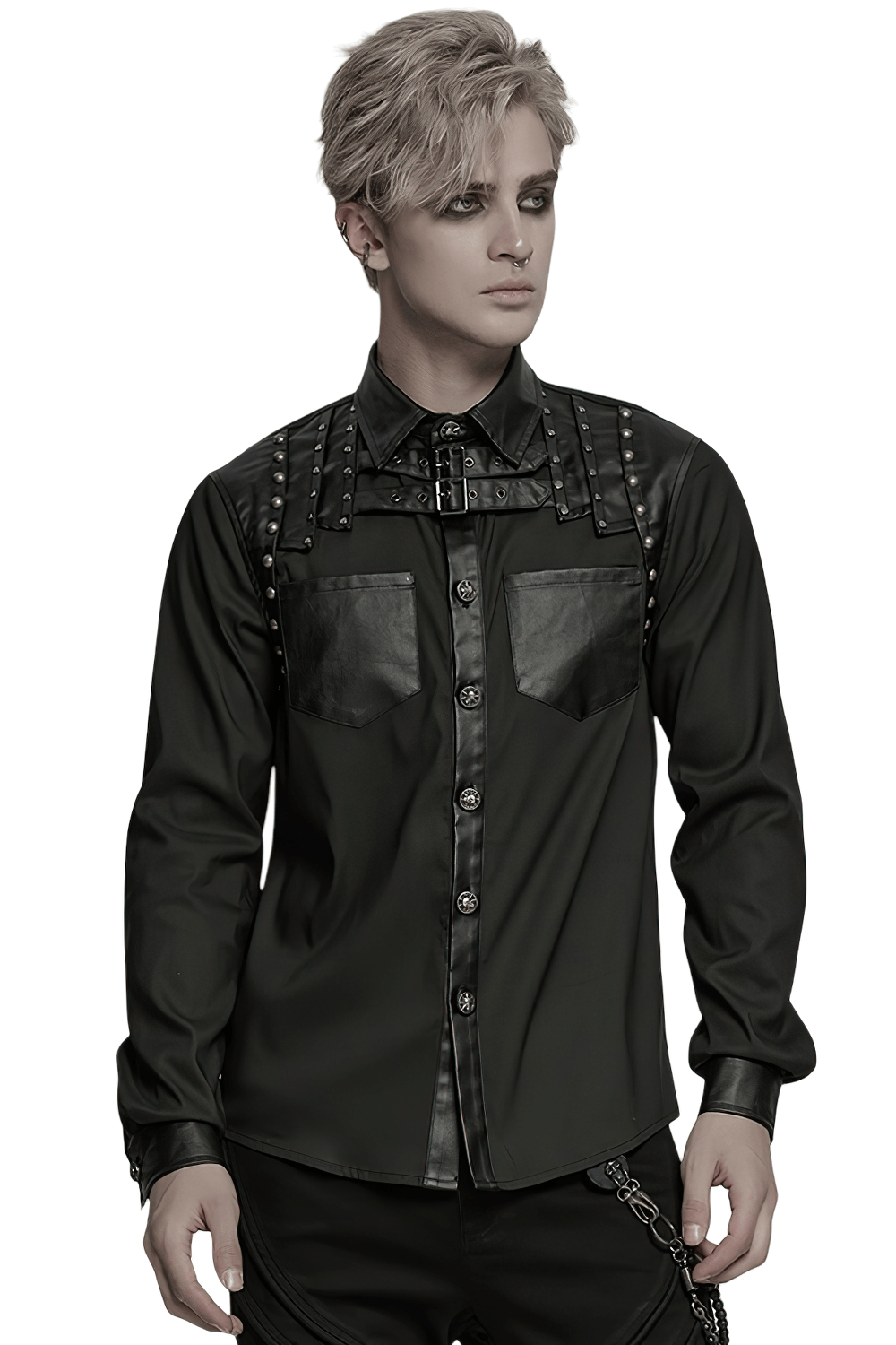 Punk riveted leather patchwork street style shirt for men, perfect for edgy, alternative fashion enthusiasts.