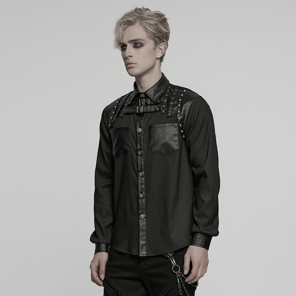 Punk riveted leather patchwork shirt for men in black, perfect for edgy street style fashion.