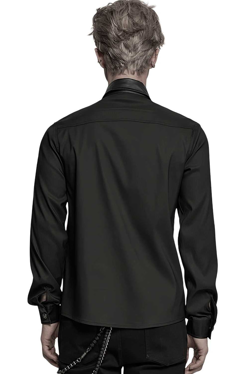 Back view of a punk riveted leather patchwork shirt for men, showcasing street style and edgy detailing.