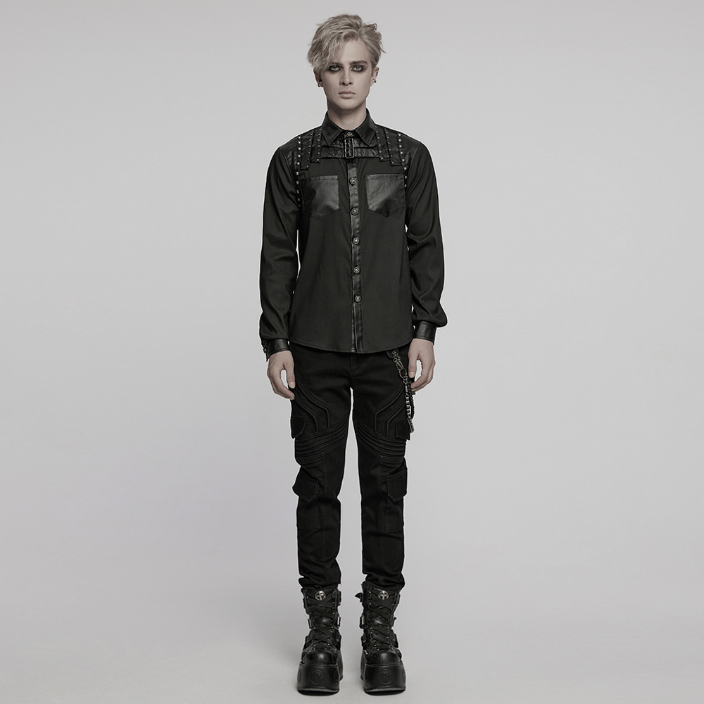 Punk riveted leather patchwork street style shirt for men, featuring edgy detailing and a bold look perfect for alternative fashion.