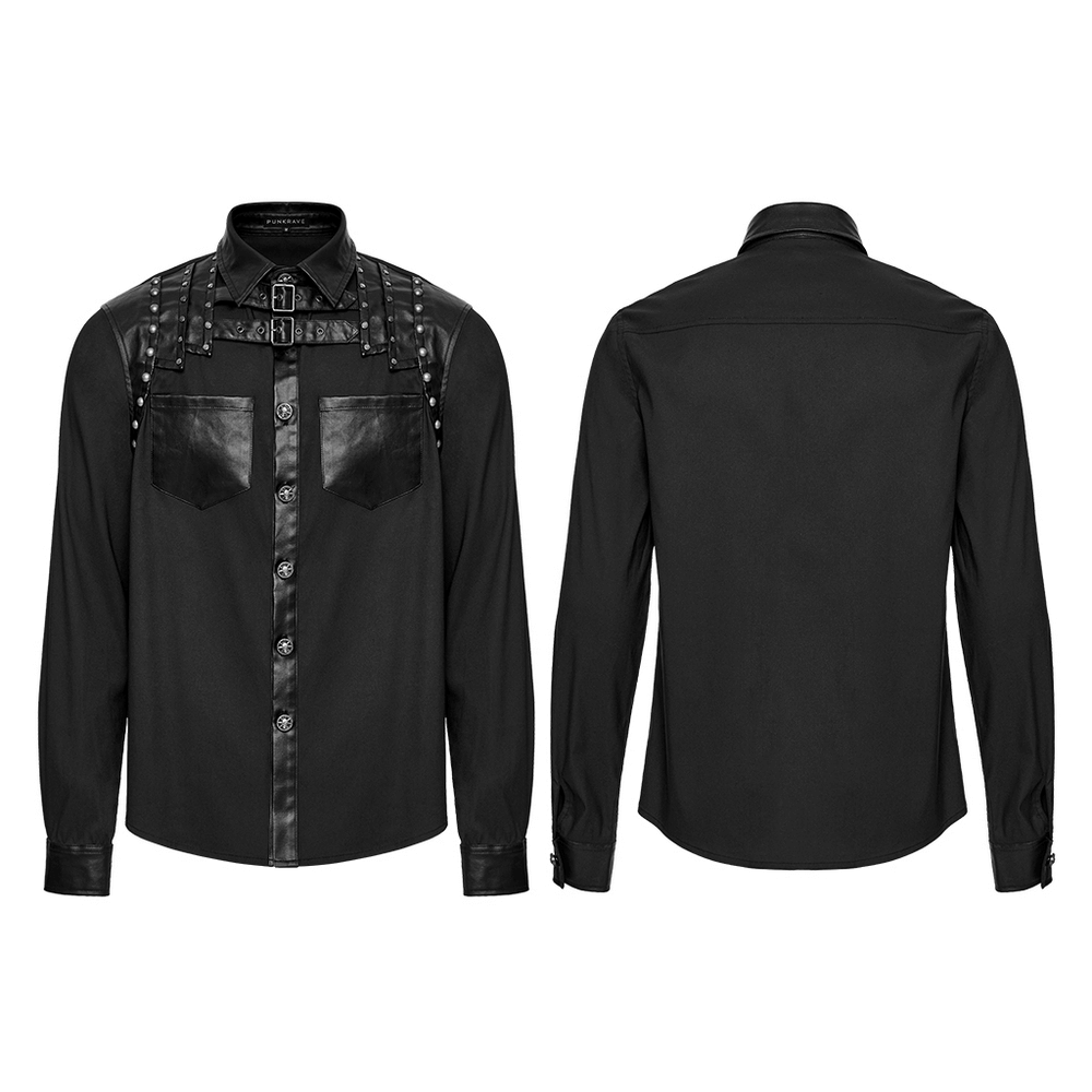 Punk riveted leather patchwork shirt showcasing edgy street style with button accents and twill fabric.