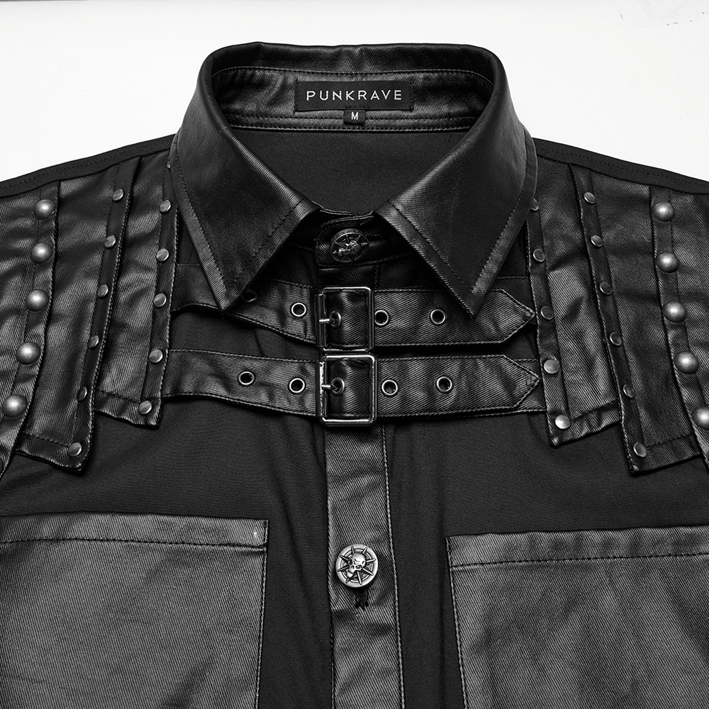 Punk riveted leather patchwork shirt showcasing edgy street style with unique details.