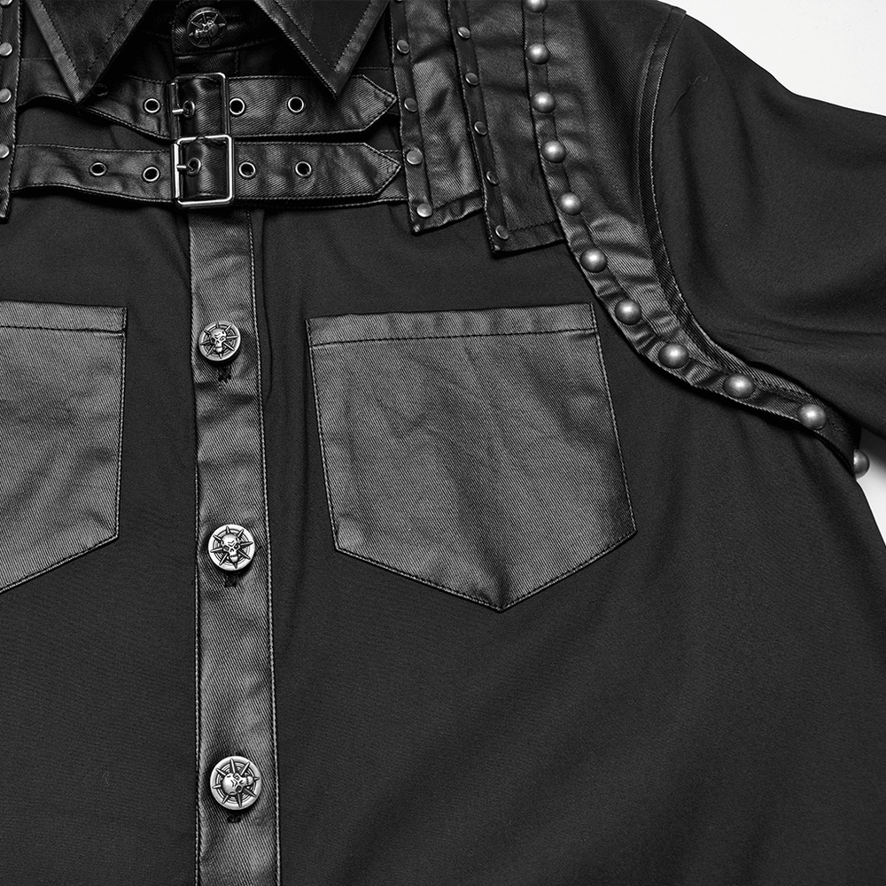 Punk riveted leather patchwork shirt with twill fabric and bold rivet details for edgy street style.