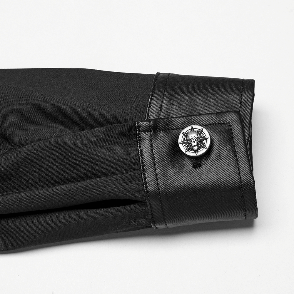 Close-up of a black shirt cuff featuring a stylish metal button with a skull and star design.
