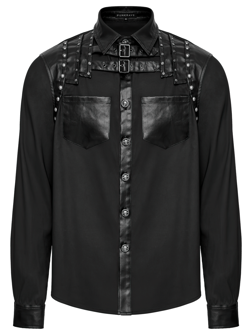 Punk riveted leather patchwork street style shirt for men, featuring edgy design and bold detailing.