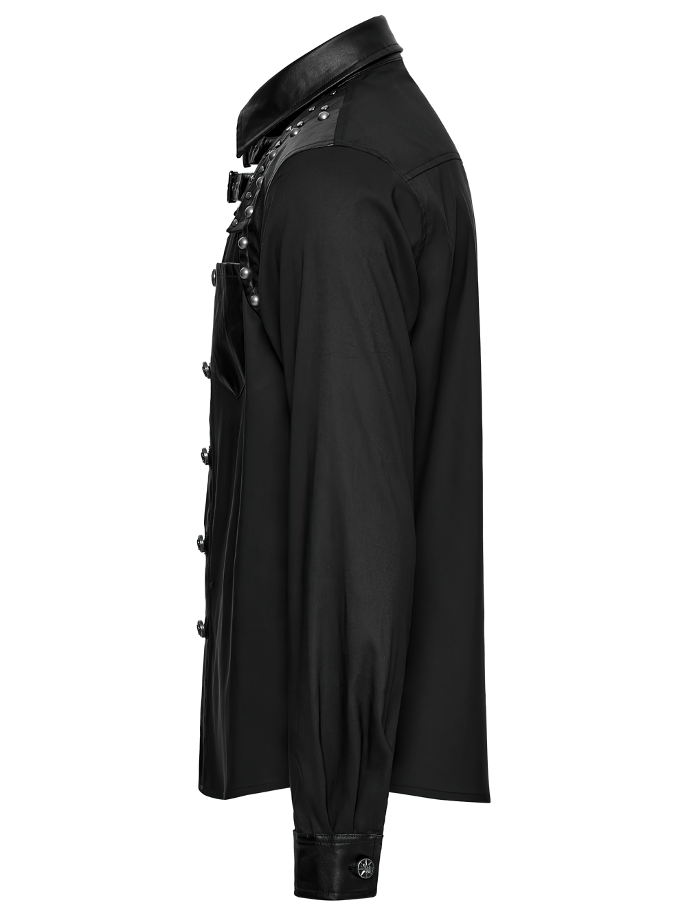 Side view of a punk riveted leather patchwork shirt, showcasing edgy design and unique street style details.