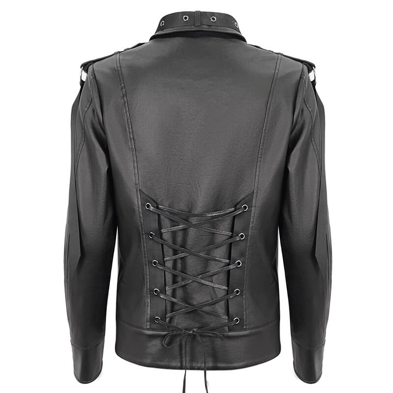 Back view of men's black punk rivets short jacket featuring lace-up design and webbing straps.