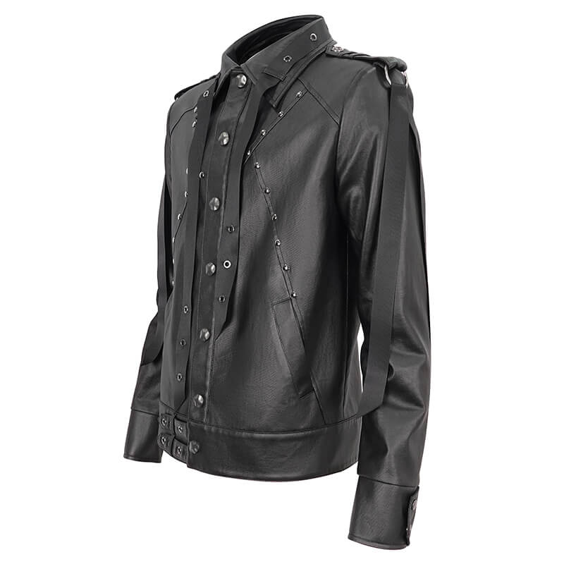 Men's black punk rivets short jacket with webbing straps and lace-up back for rebellious style.