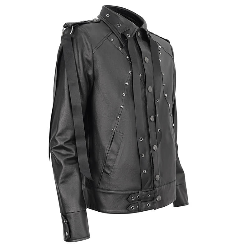 Men's black punk rivet jacket with webbing straps and lace-up back, perfect for stylish rebels.