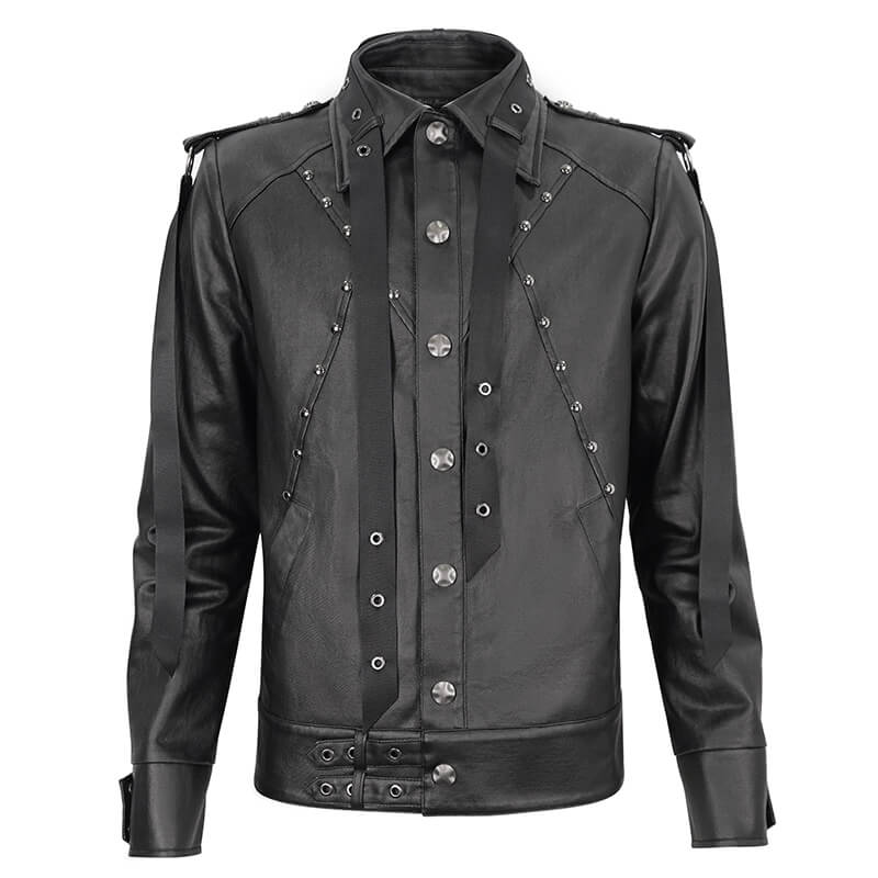 Men's black punk rivet jacket with webbing straps and lace-up details, embodying rebel fashion.