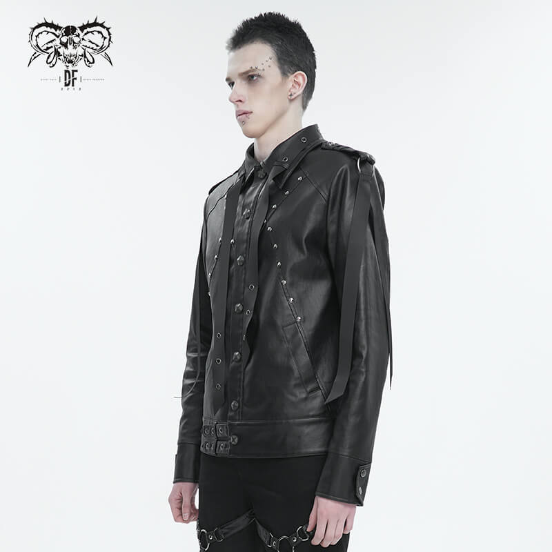 Men's punk rivet short jacket in black with webbing straps and lace-up detail, showcasing rebellious fashion style.