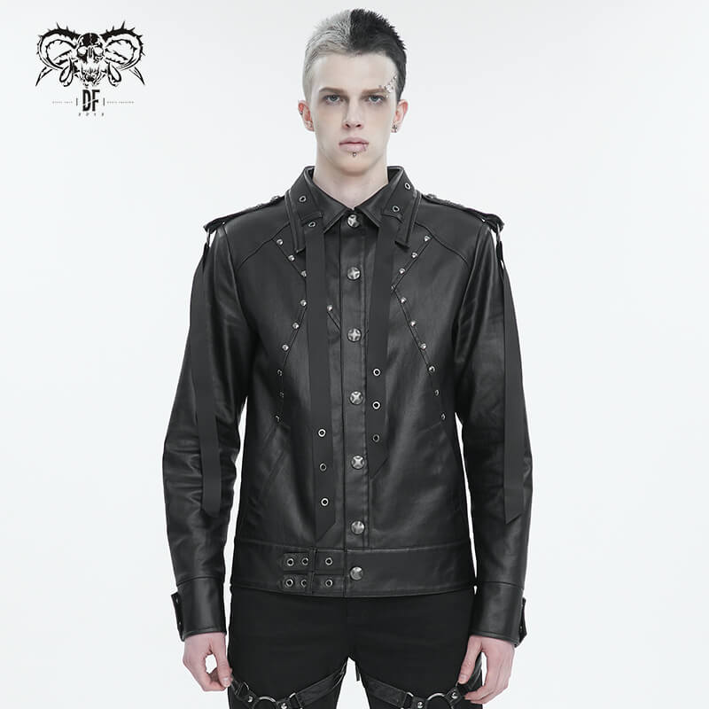 Men's punk rivet jacket in black with webbing straps and lace-up back, perfect for a rebellious style.