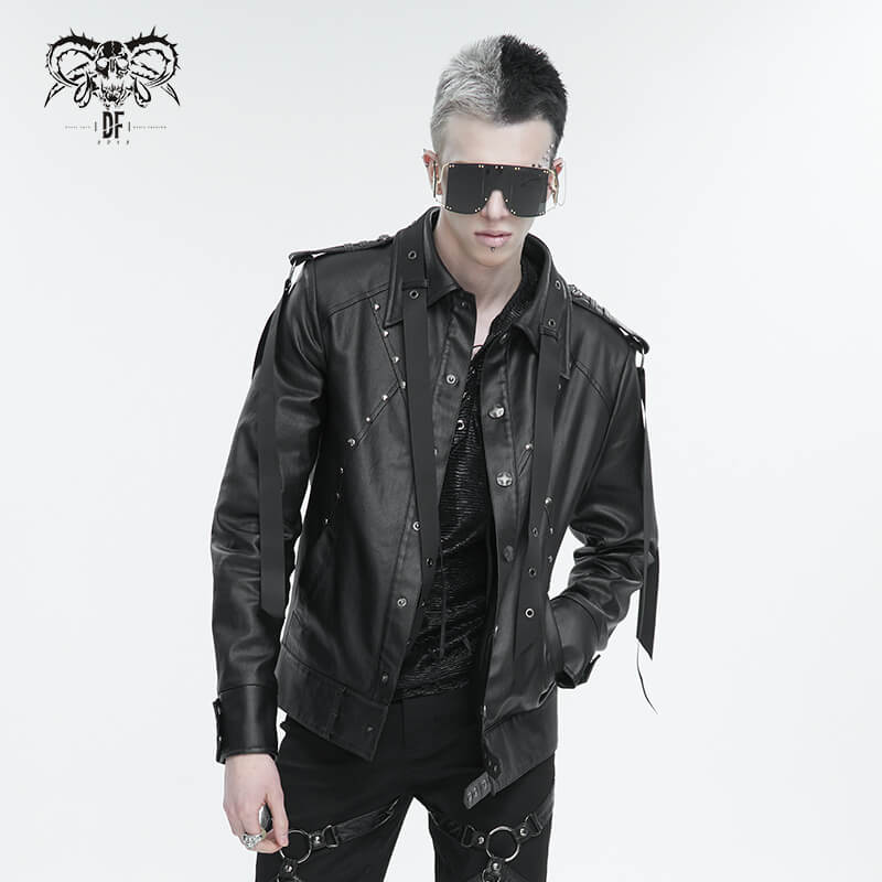 Men's punk rivet jacket in black with webbing straps and stylish lace-up back, perfect for rebel fashion enthusiasts.