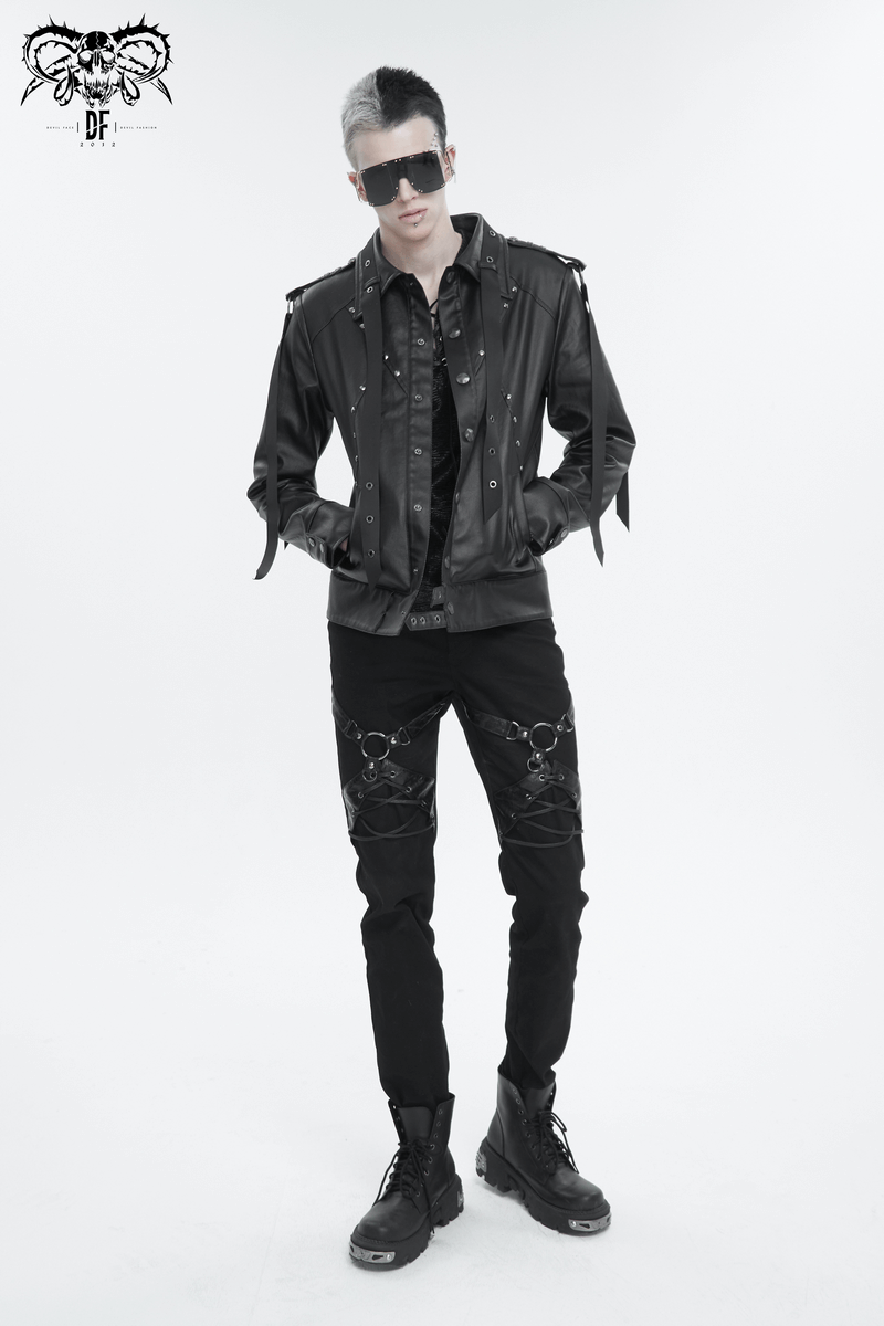 Men's punk rivet jacket in black with webbing straps, lace-up back, and edgy style for rebellious fashion.