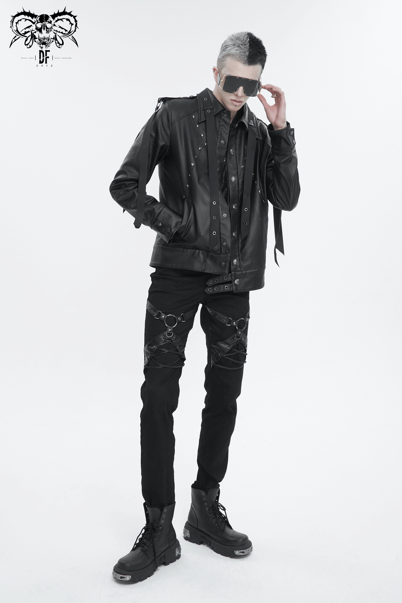 Men's punk rivet short jacket in black with webbing straps and lace-up back, styled with edgy pants and chunky boots.