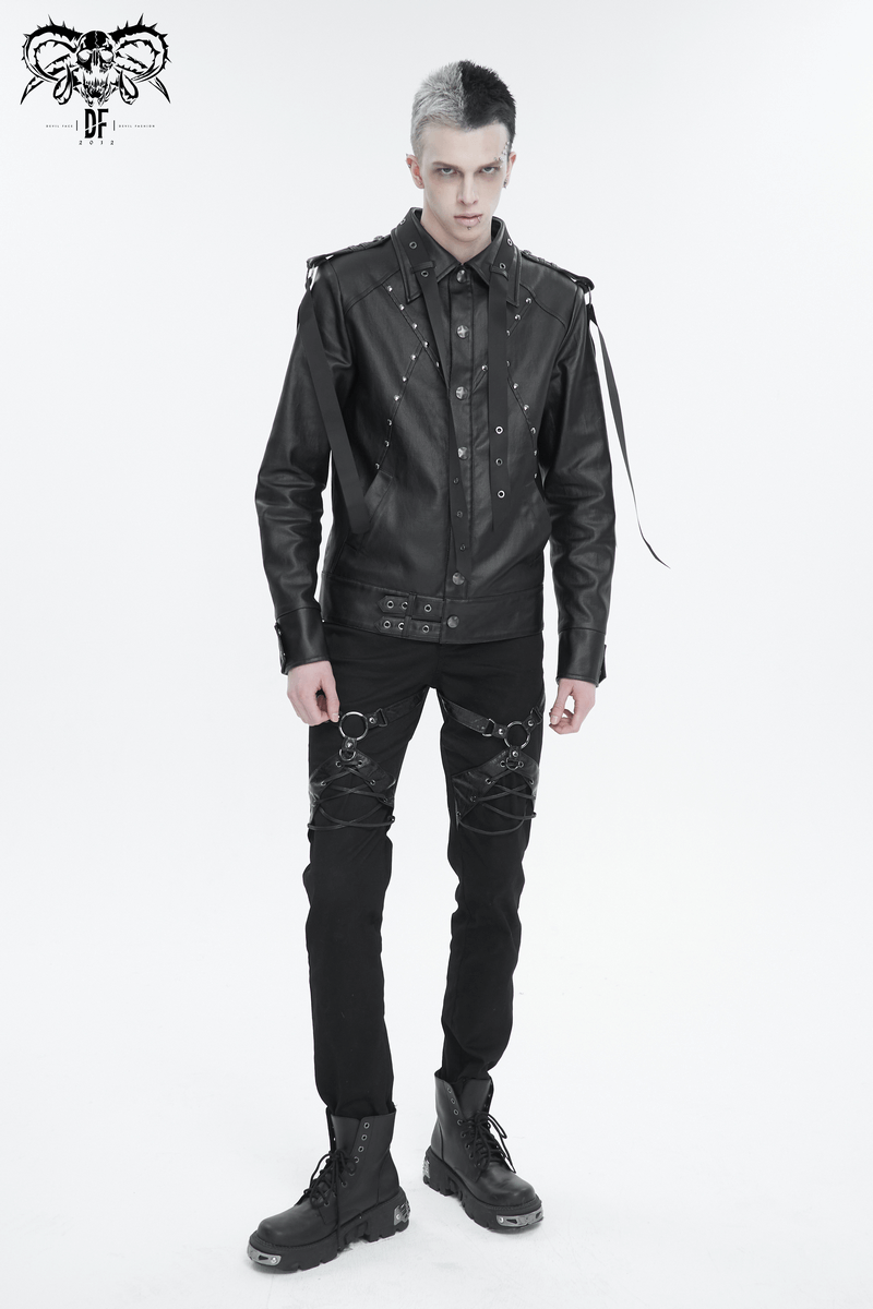 Stylish black punk jacket for men with rivets and webbing straps, embodying rebellious fashion-forward vibes.