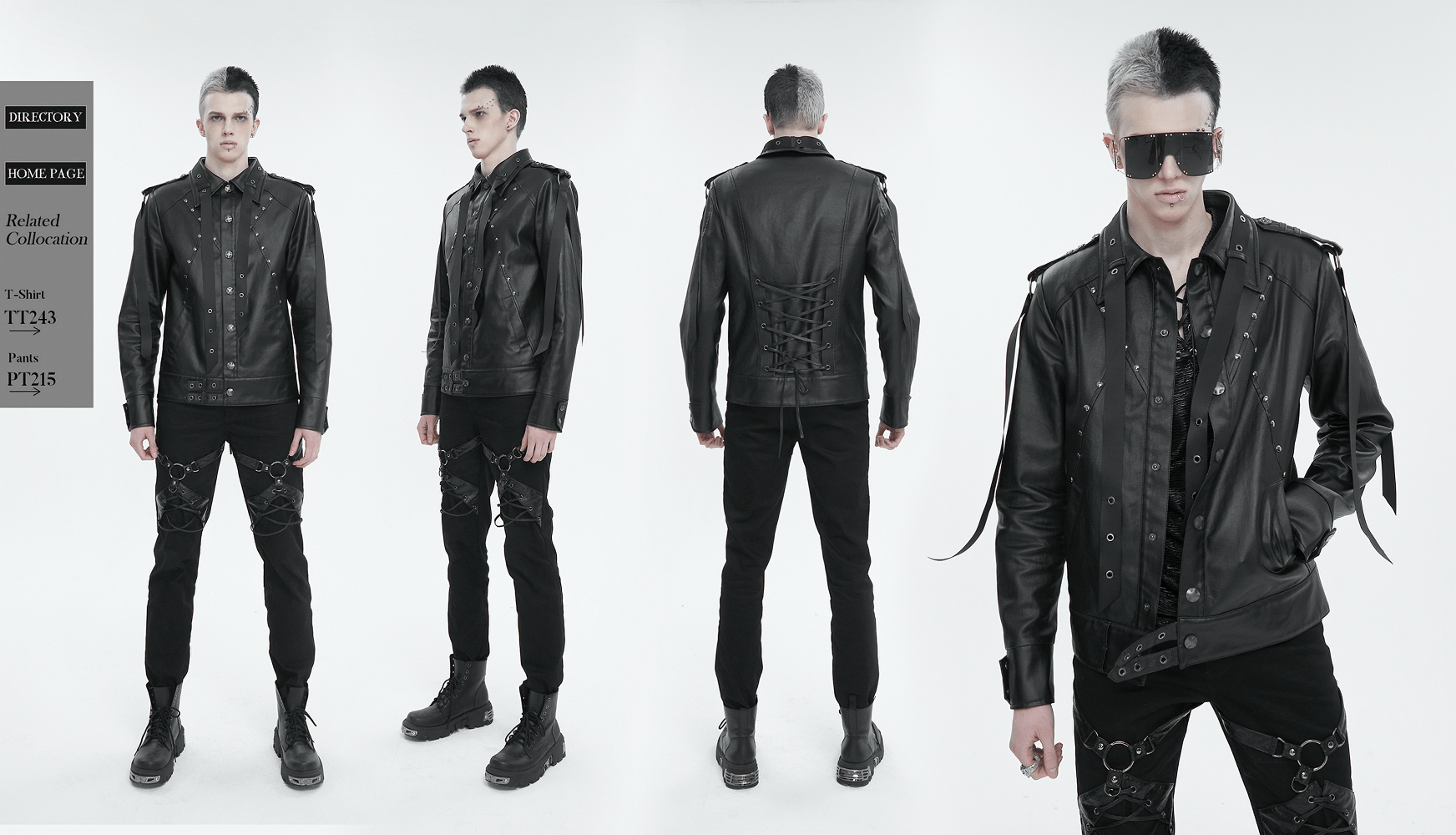 Men's punk rivets short jacket with webbing straps and lace-up back, exuding rebel fashion in a stylish black design.