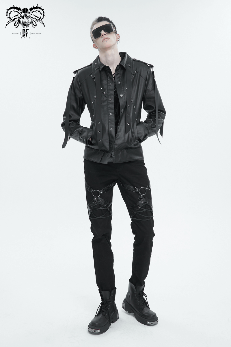 Men's punk-inspired black rivet jacket with webbing straps and lace-up back, embodying rebellious style.