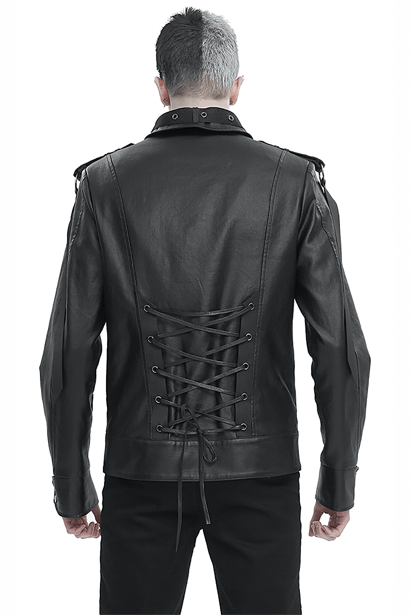 Men's black punk rivet jacket with webbing straps and lace-up back, showcasing rebel fashion.
