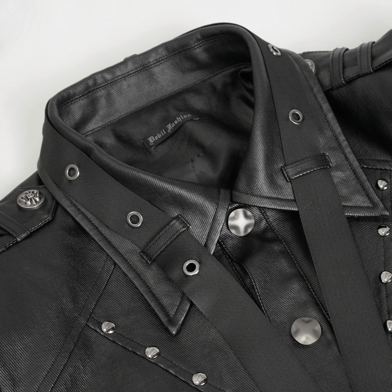 Punk Rivets Short Jacket for Men / Black Jacket with Webbing Straps on Front and Lace-up Back - HARD'N'HEAVY