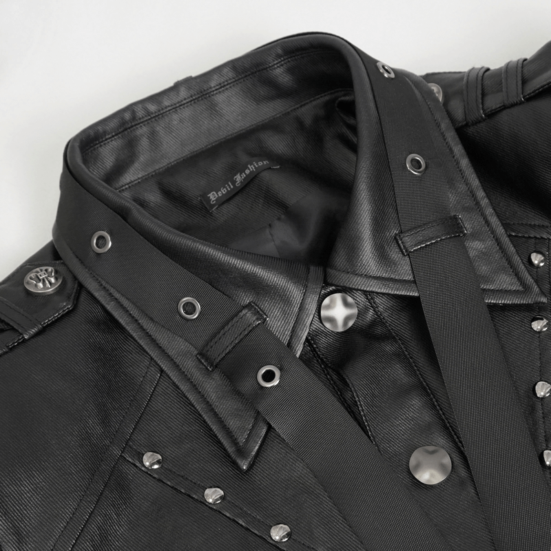 Close-up of a black punk rivet jacket for men, showcasing bold rivets and stylish webbing straps.