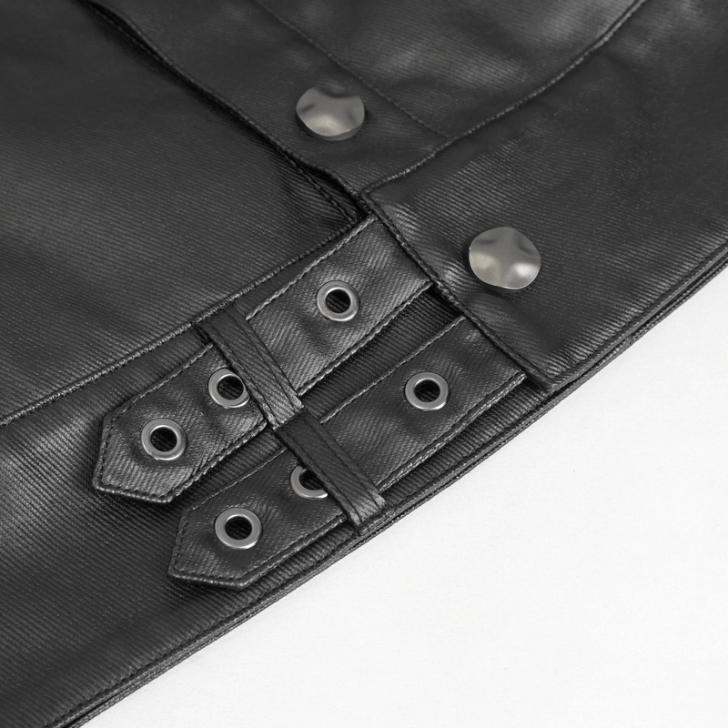 Close-up of punk rivets and webbing straps on men's black jacket showcasing rebellious style.