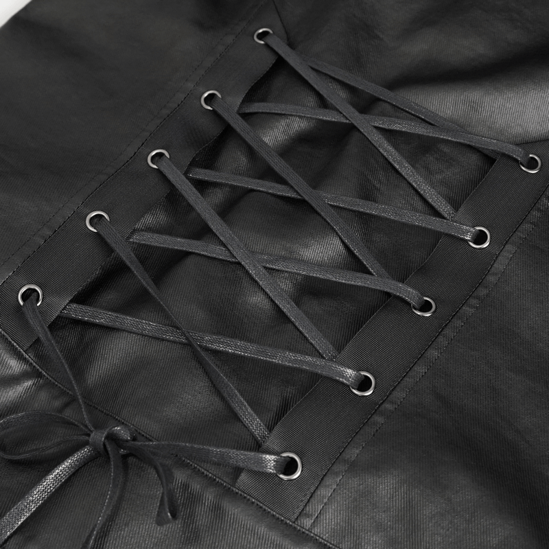 Close-up of lace-up back design featuring black straps and rivets on a men's punk jacket.