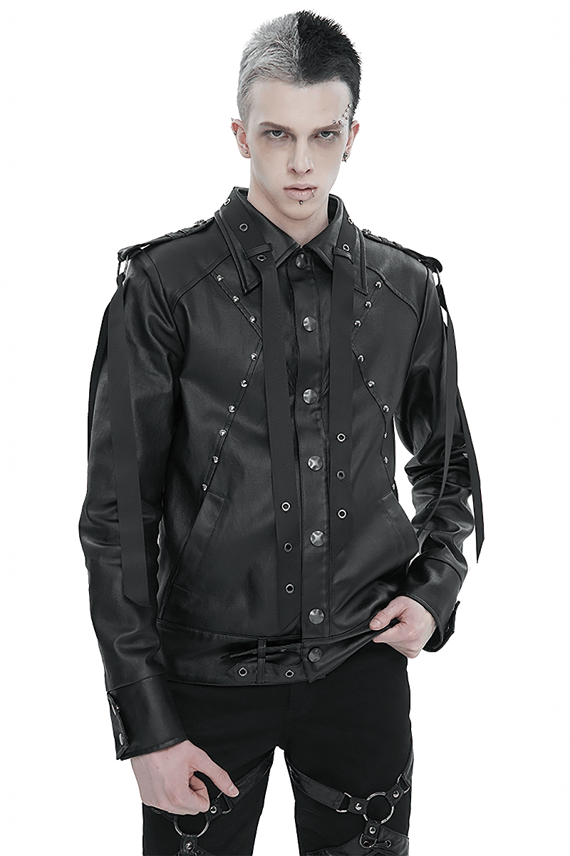 Stylish men's black punk jacket with rivets, webbing straps, and a lace-up back for bold fashion statements.