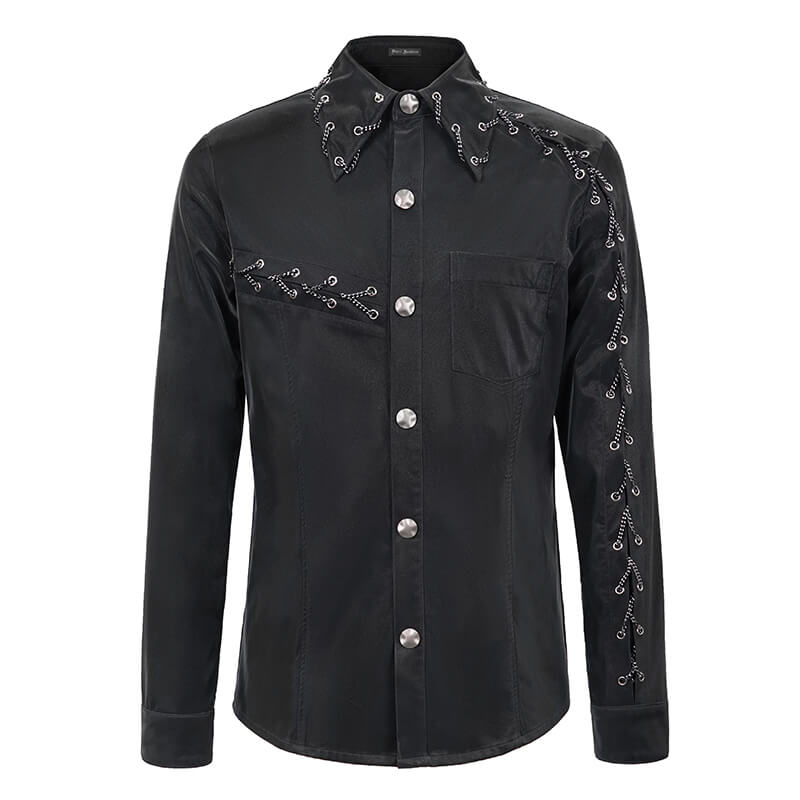 Men's punk rock black long sleeve shirt featuring shiny chains and stylish design details.