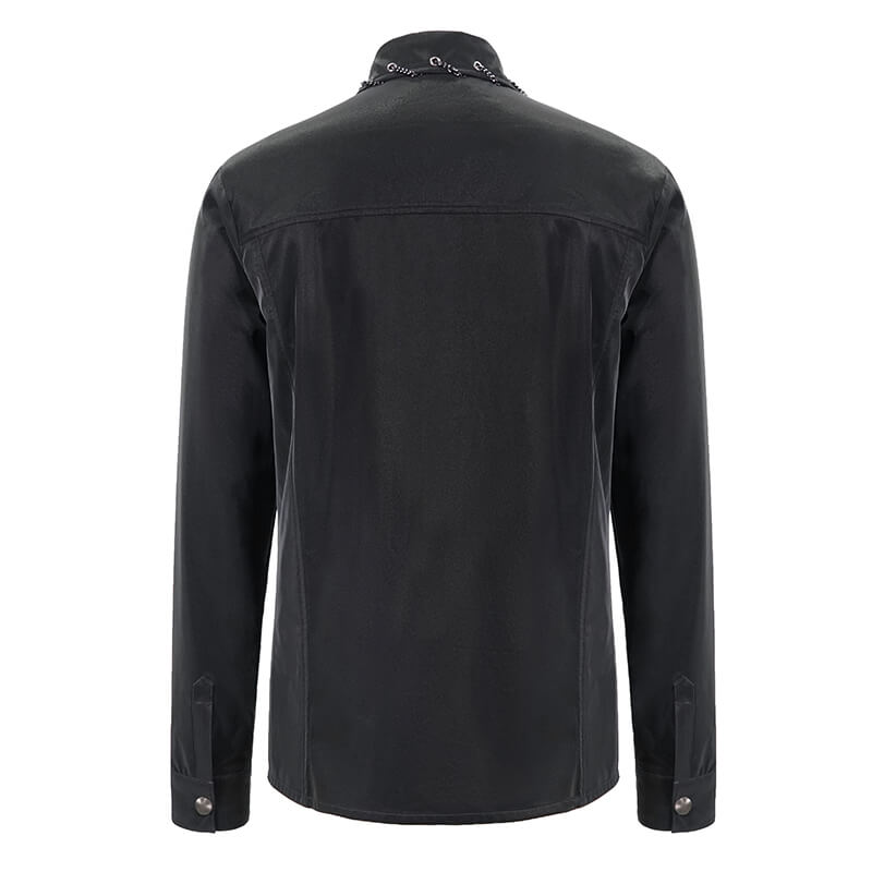 Back view of a stylish black punk rock long sleeve shirt for men, featuring decorative chains and a free cut design.