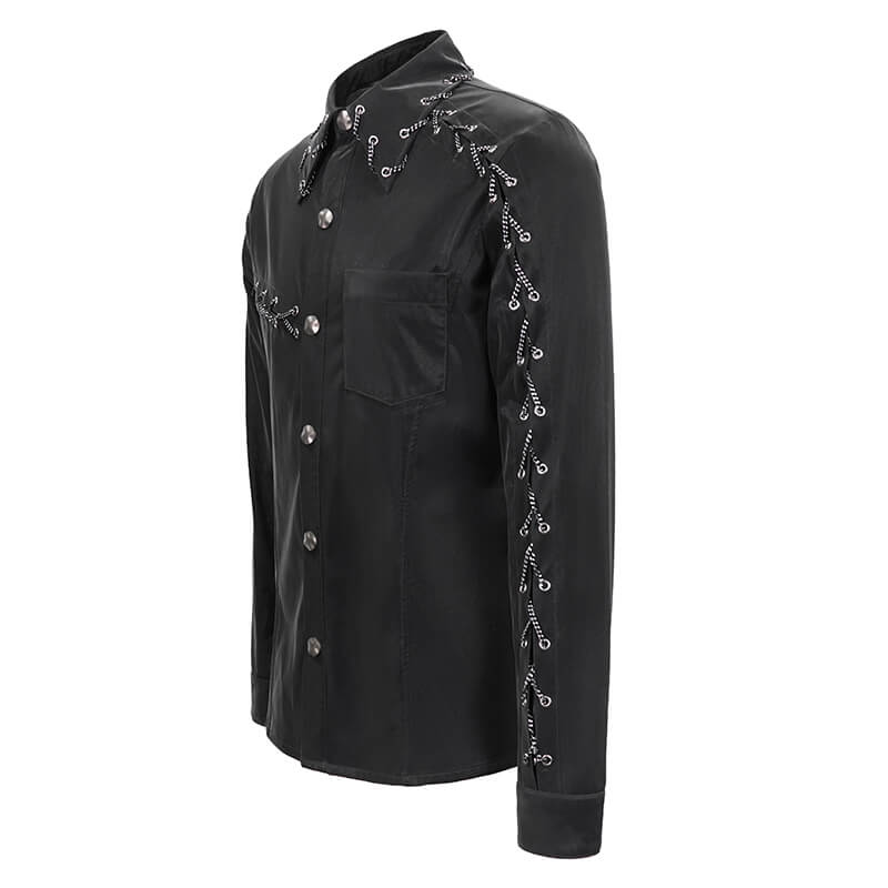 Men's punk rock black long sleeve shirt with chain decorations and stylish buttons.