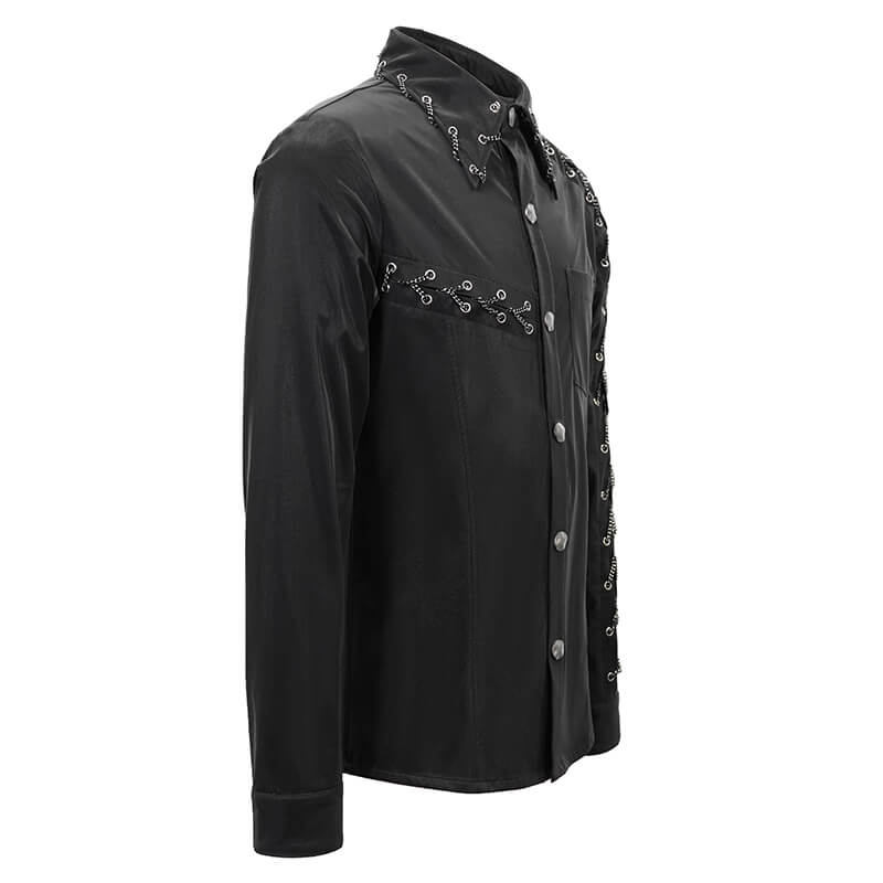 Men's punk rock black long sleeve shirt with shiny chain decorations and stylish buttons.