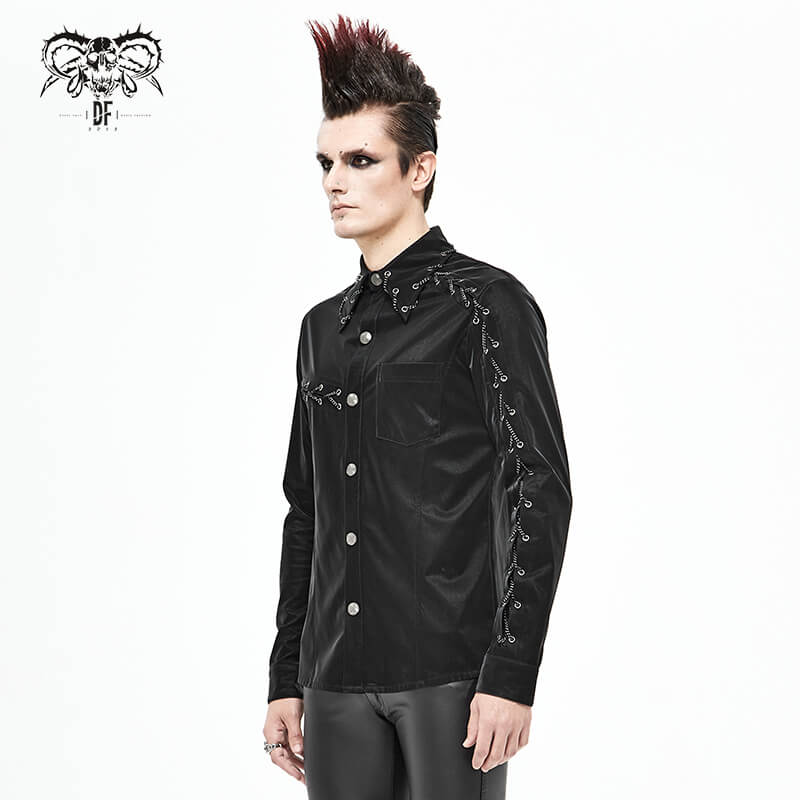 Stylish black punk rock long sleeve shirt for men with decorative chain inserts and a relaxed fit.
