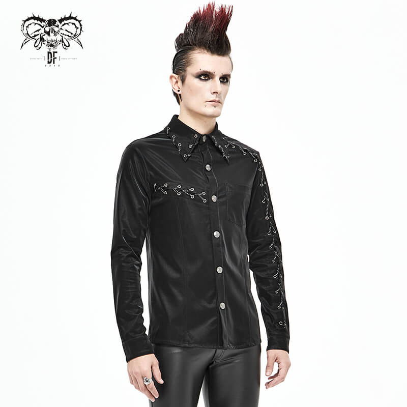 Stylish black punk rock long sleeve shirt for men featuring chain decorations and a relaxed fit.