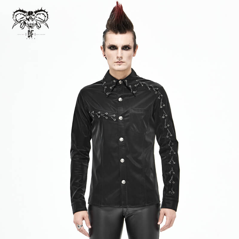 Men's punk rock style black long sleeve shirt featuring decorative chains and stylish design.