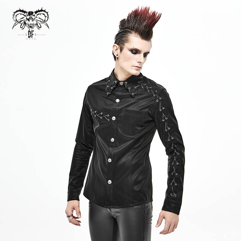 Stylish men's black punk rock long sleeve shirt with decorative chains, perfect for edgy fashion enthusiasts.