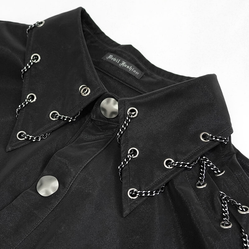 Stylish men's black punk rock shirt with decorative chains and button-down collar.