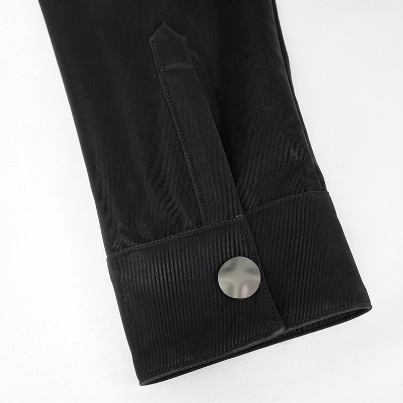 Close-up of the cuff of a black punk rock long sleeve shirt for men, featuring stylish button and detailing.
