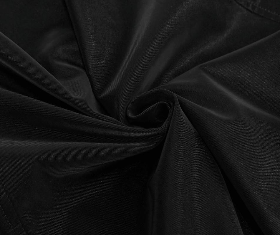 Close-up of luxurious black fabric for men's punk rock long sleeve shirt, showcasing its sleek texture and quality.