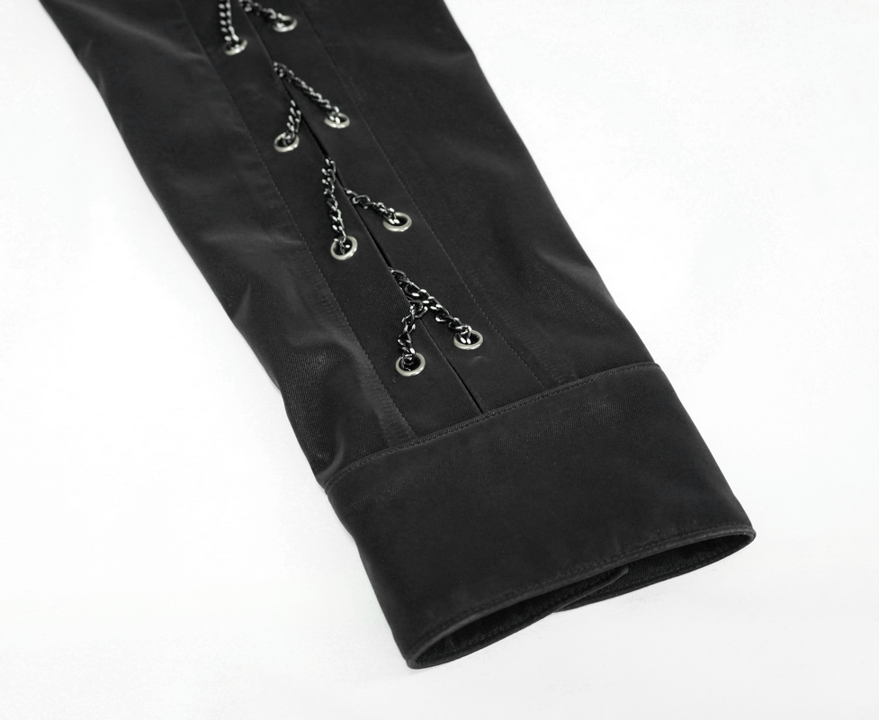 Close-up of a black punk rock long sleeve shirt with chain detail and stylish cut.