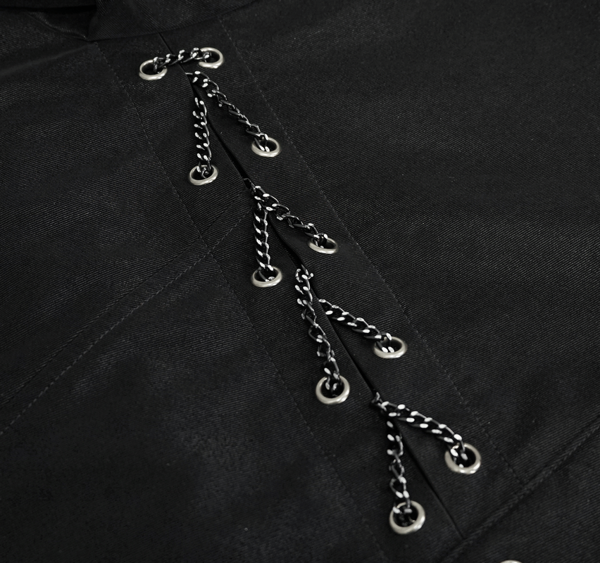 Close-up of punk rock black long sleeve shirt with decorative chain inserts and eyelets for a stylish look.