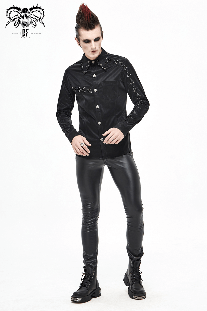 Stylish punk rock black long sleeve shirt for men with unique chain details, paired with black leather pants and boots.